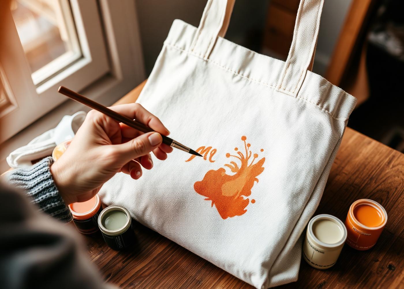 Artist hand-painting a custom canvas tote